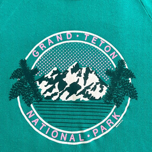 Vintage | "Grand Teton" Crew Neck Raglan Graphic Sweatshirt - Sz S / Aqua - Picture 4 of 10